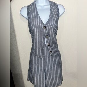 Striped Linen-Blend Vest and Pants Set in Slate Gray